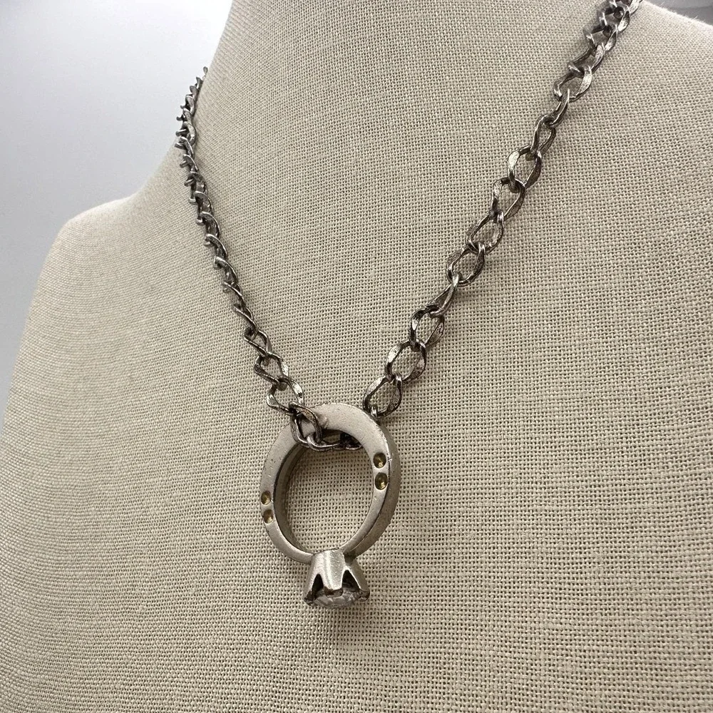 Vintage 90s Clear Rhinestone Ring Pendant Necklace‎ Silver Tone Curb Chain